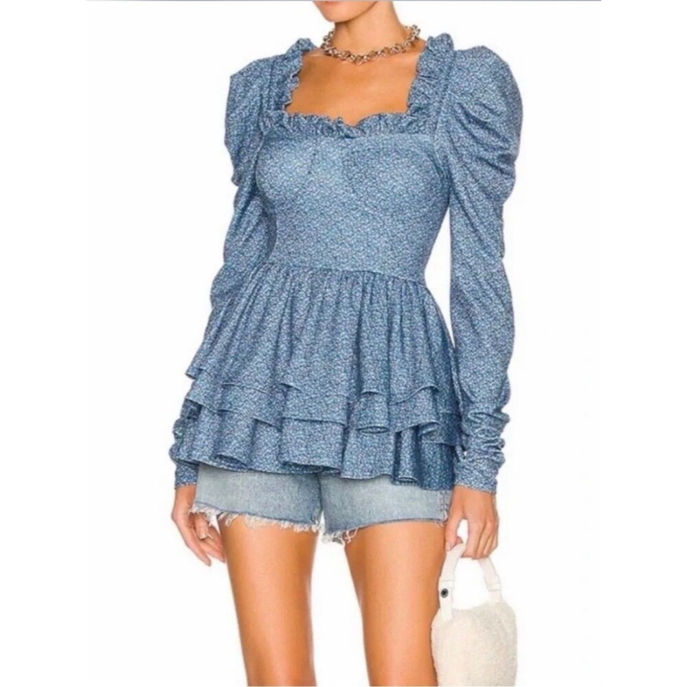 NWT Selkie Boleyn Monte Marte Blue Metallic Puff Sleeve Ruffle Peplum Top M